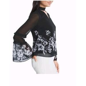 White House Black Market Women's Floral Bell Sleeve Blouse Size 4 Black White